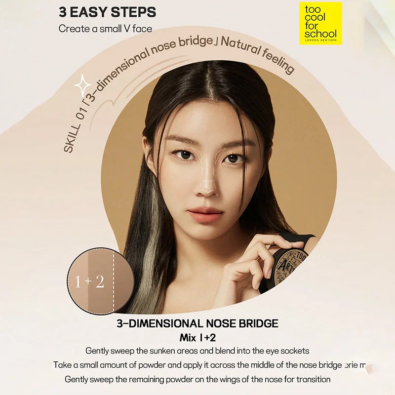 K-Beauty Matte Powder Contour Palette,with Brush, Light, Smooth, Velety Texture ,With mirror, Slimming Facial, Natural Gradation