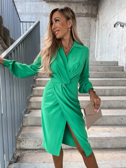 Dresses For Women 2024 Party Club Slim Dress Elegant Femme Solid Turn Down Collar Dress Summer Long Sleeve Office Dress Vestidos