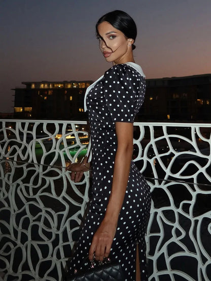 Dot Printed Dresses For Women Fashion Sexy Streetwear Short Sleeves Sheath Turn Down Collar V-Neck Long Vestidos Robes Female